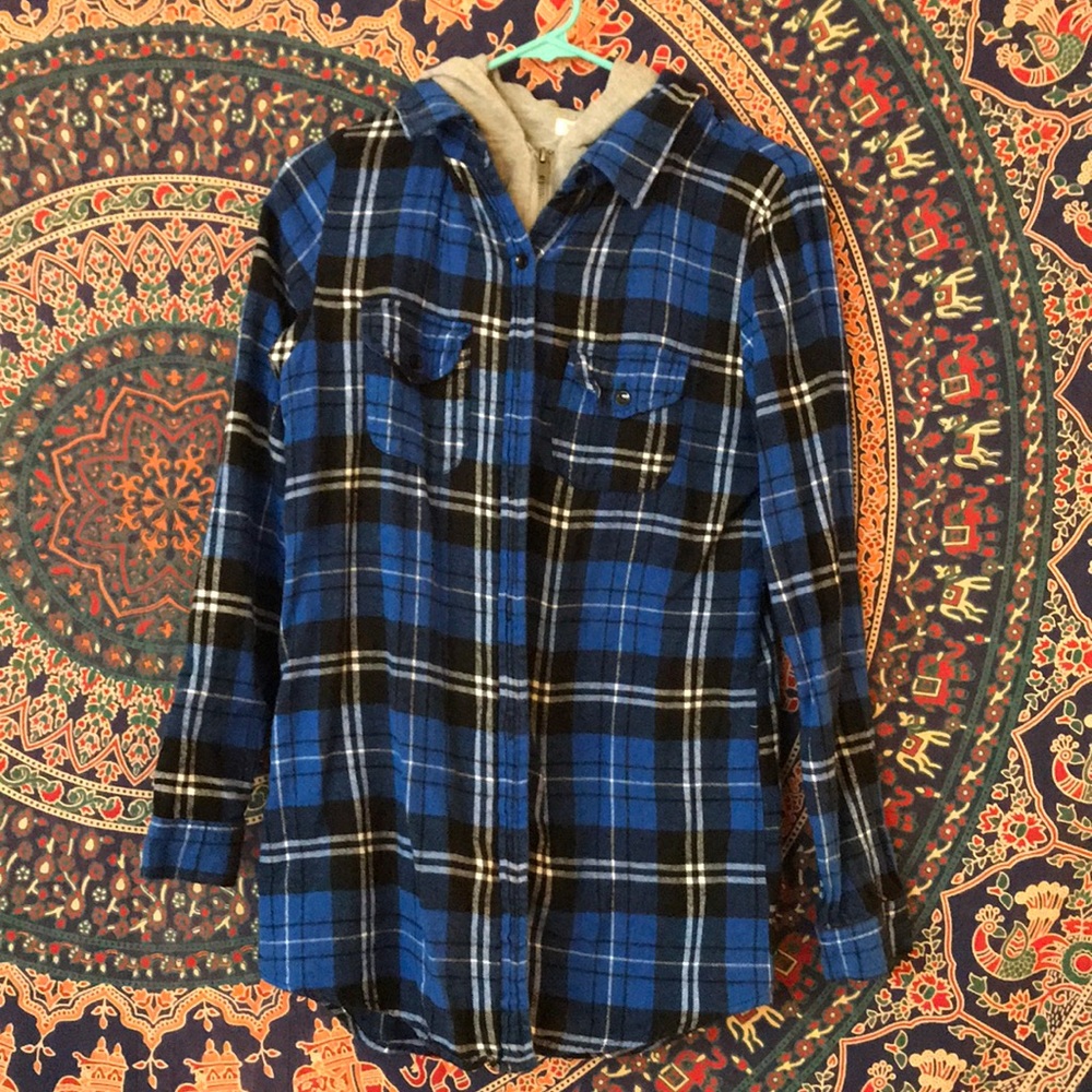 Flannel with built-in hoodie.